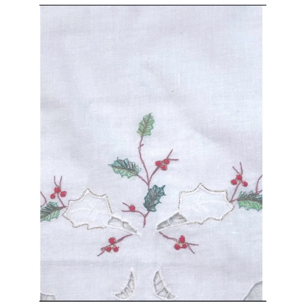 Vintage Christmas Holly Berry Embroidered White Cotton Table Runner 71